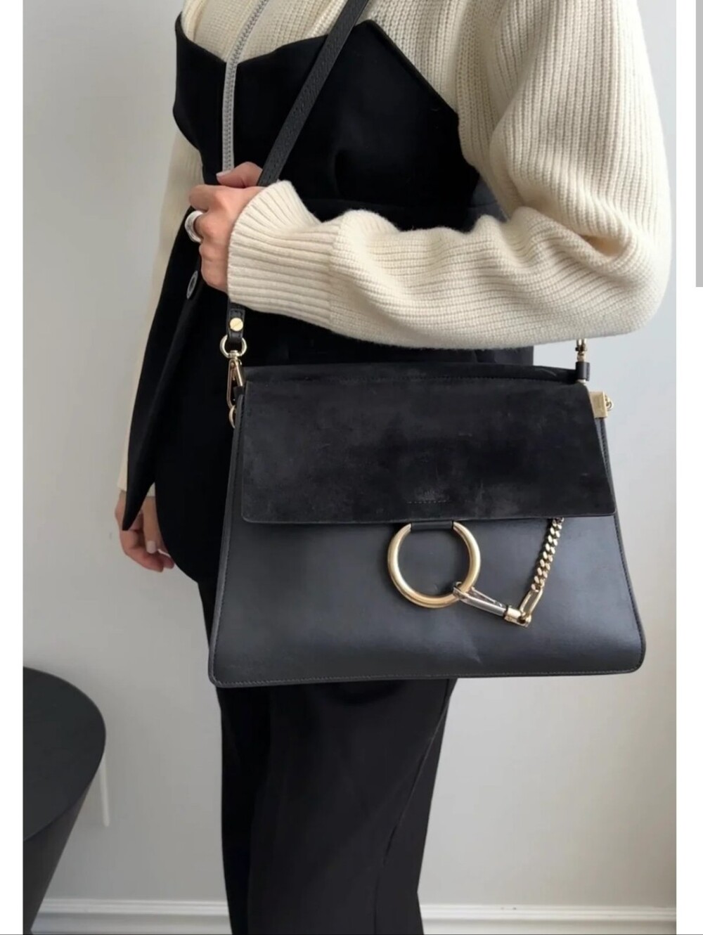 Chloe Black Suede & Leather Shoulder Bag with Gold Ring Accent